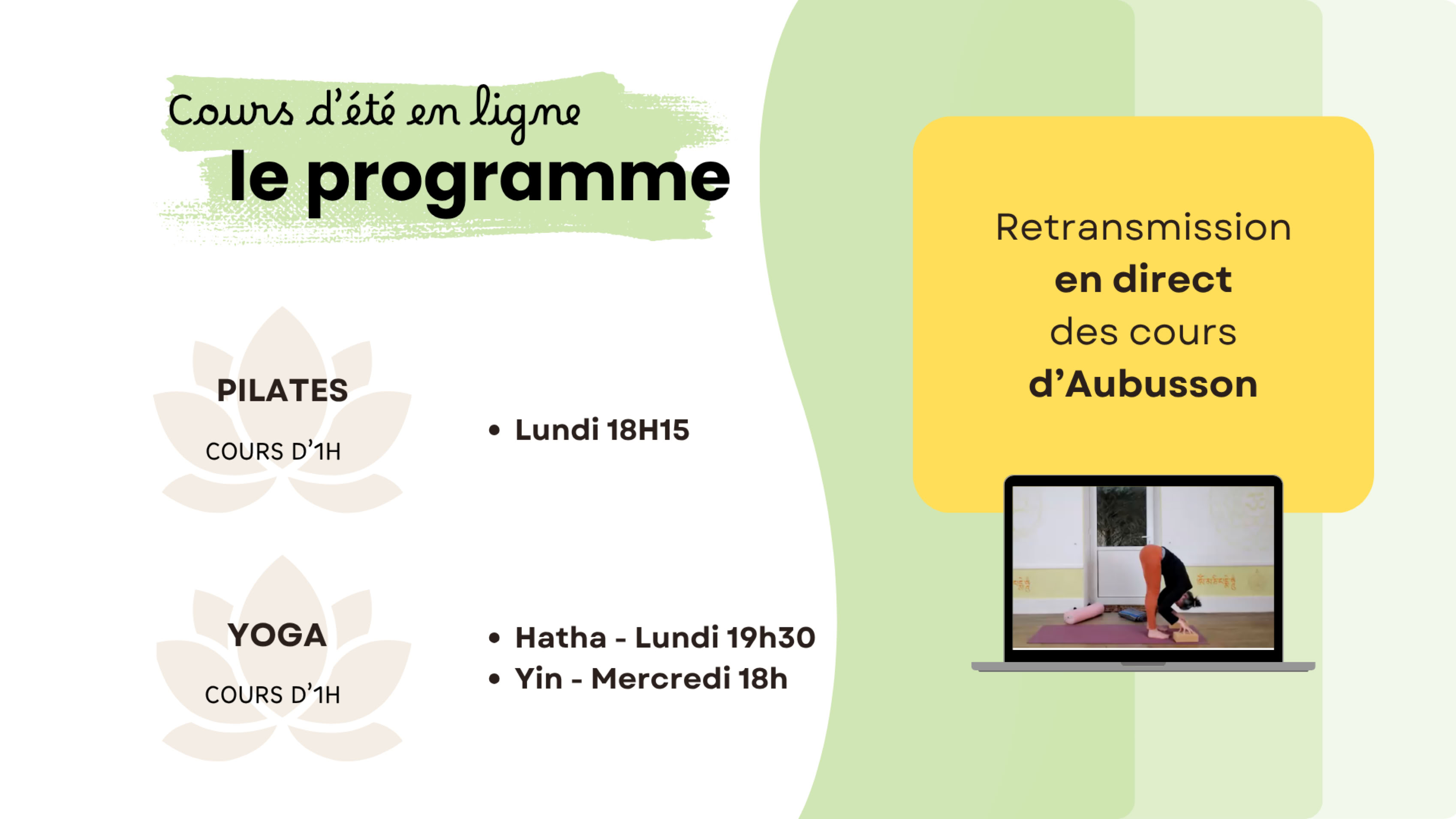 Le programme des cours d'été yoga et pilates en direct en ligne les lundi soirs sur zoom