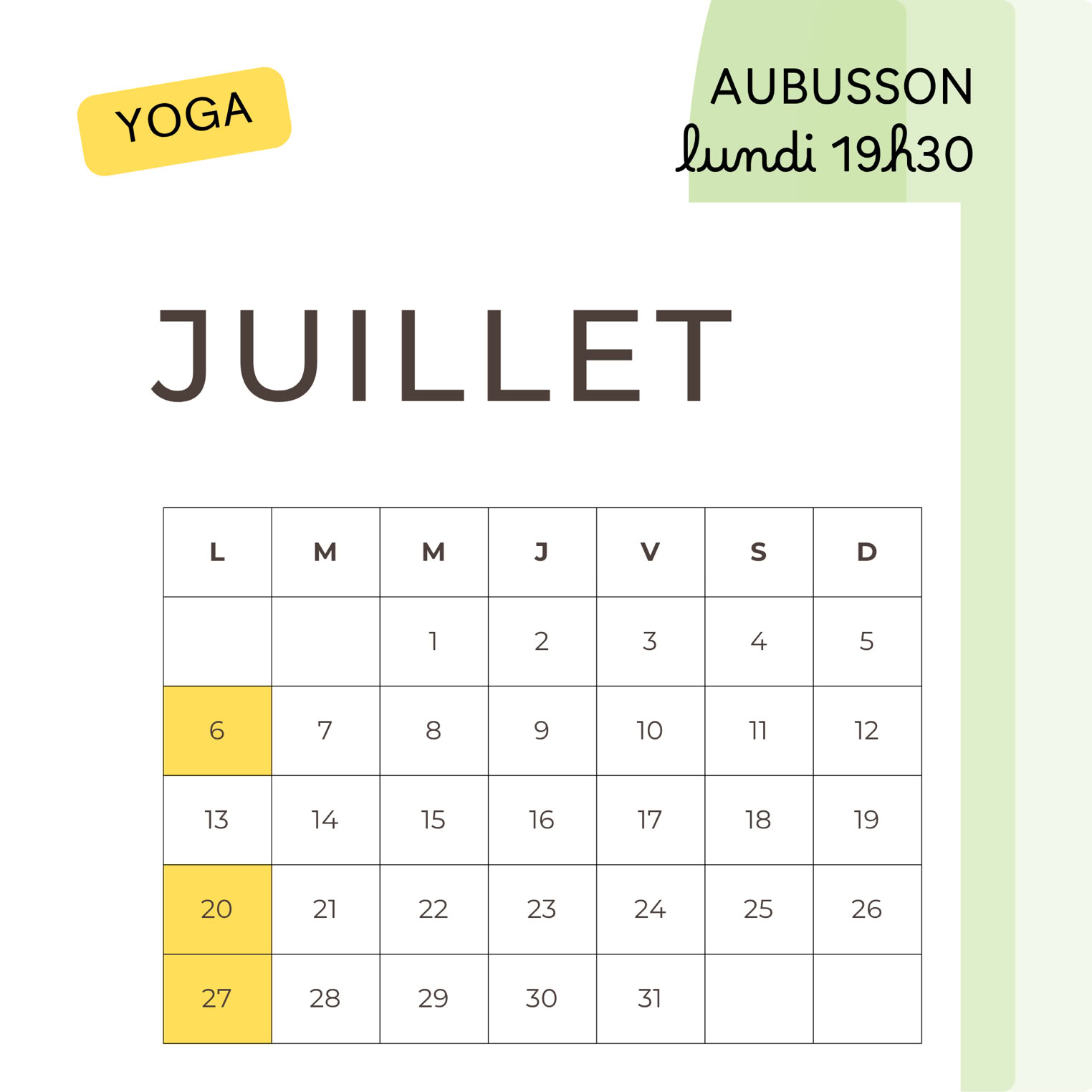 calendrier des cours de yoga en Juillet à Aubusson