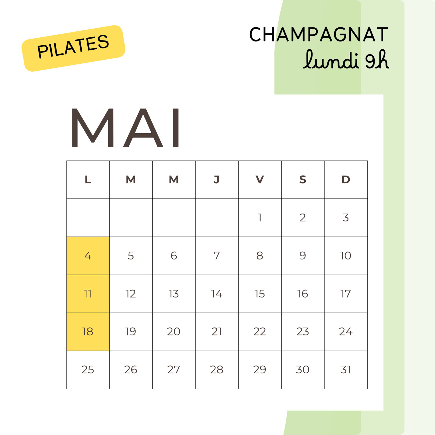 calendrier des cours de pilates en mai à Champagnat