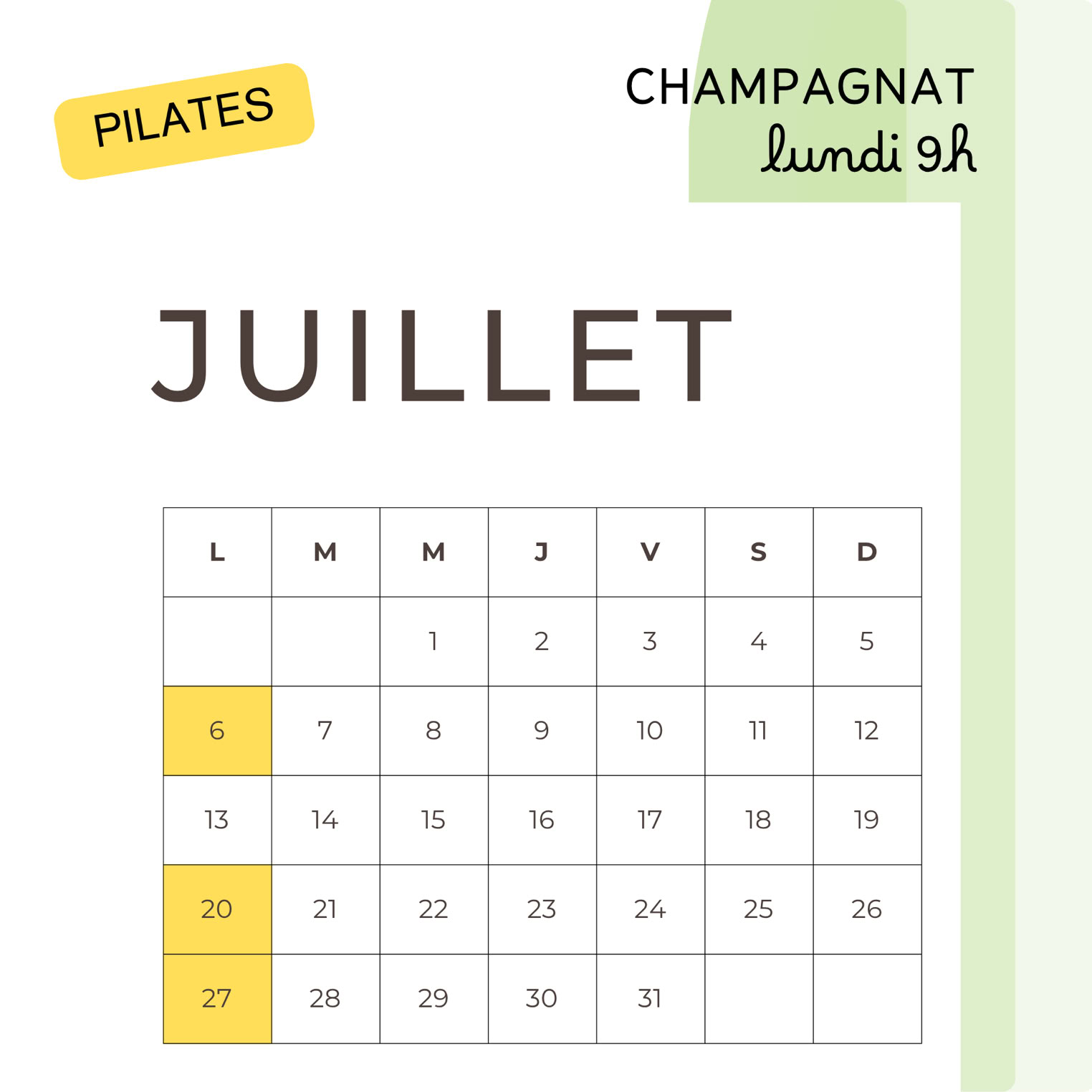 calendrier des cours de pilates en Juillet à Champagnat