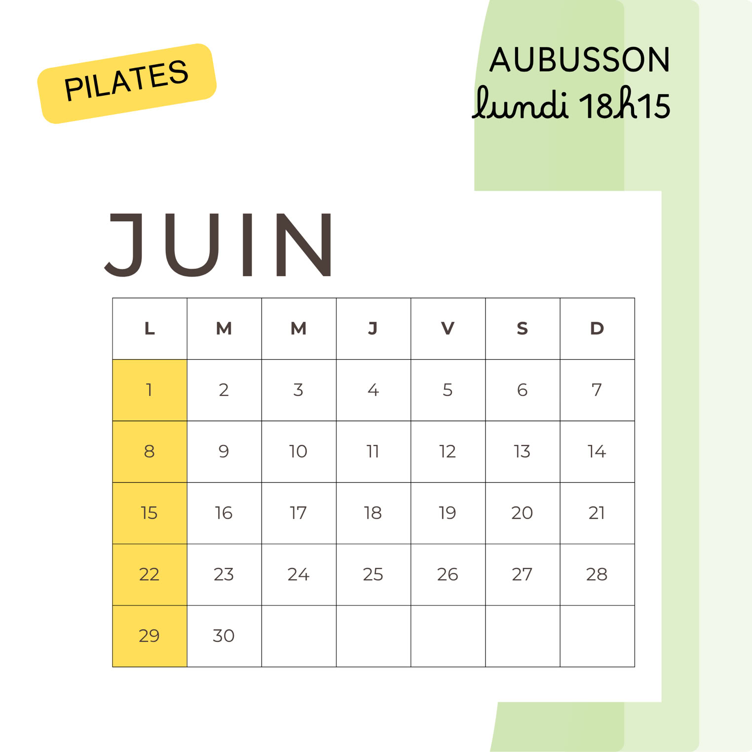 calendrier des cours de pilates en juin à Aubusson