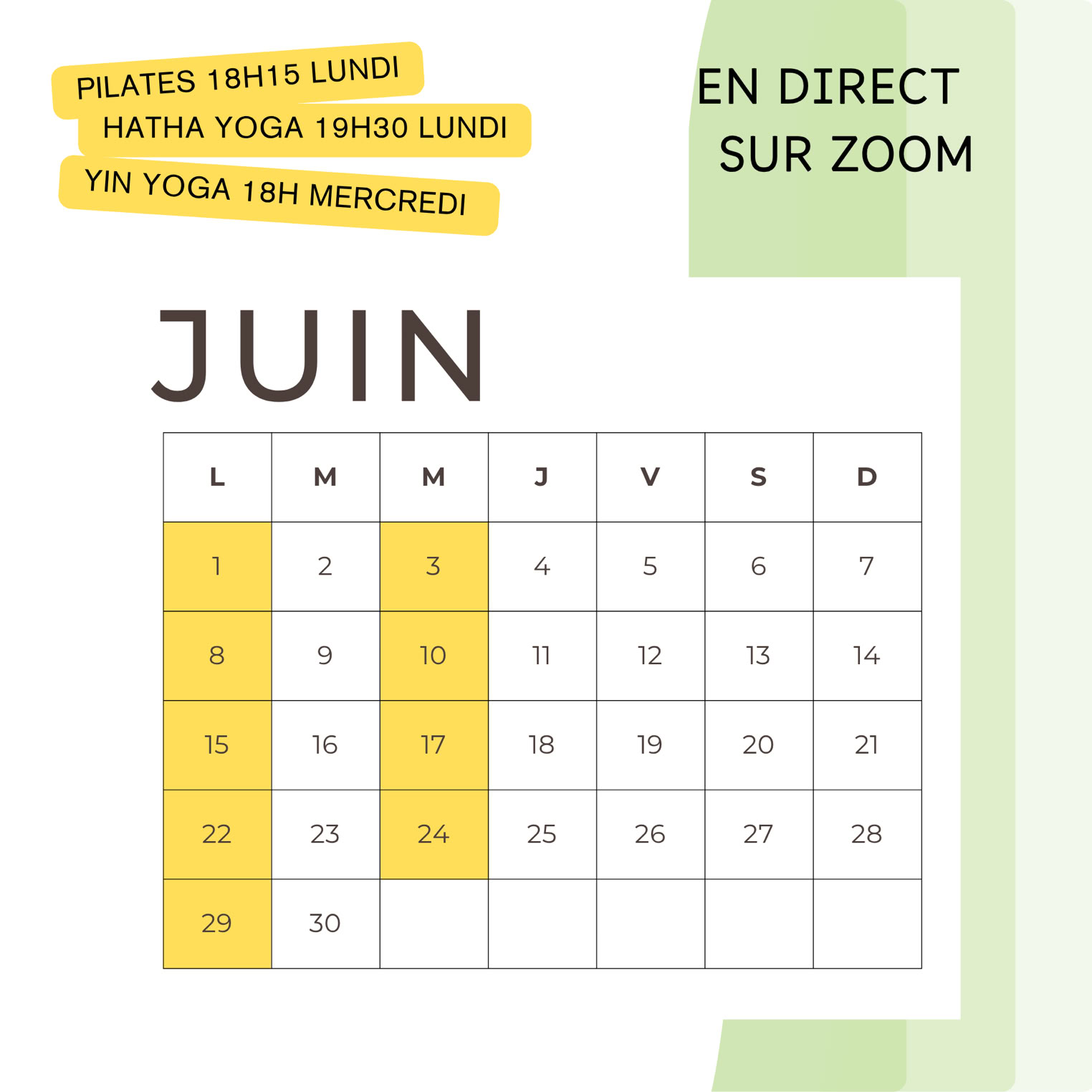 calendrier cours de yoga pilates en direct sur zoom juin