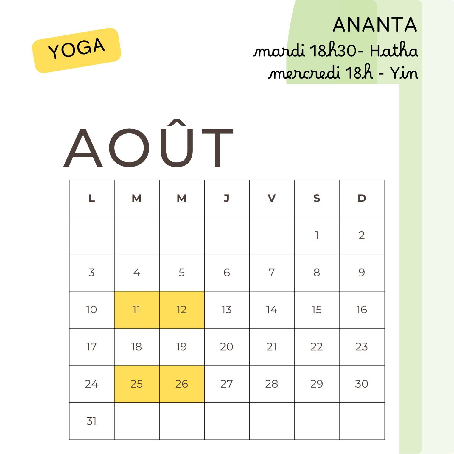 calendrier des cours de yoga en août à Bellegarde