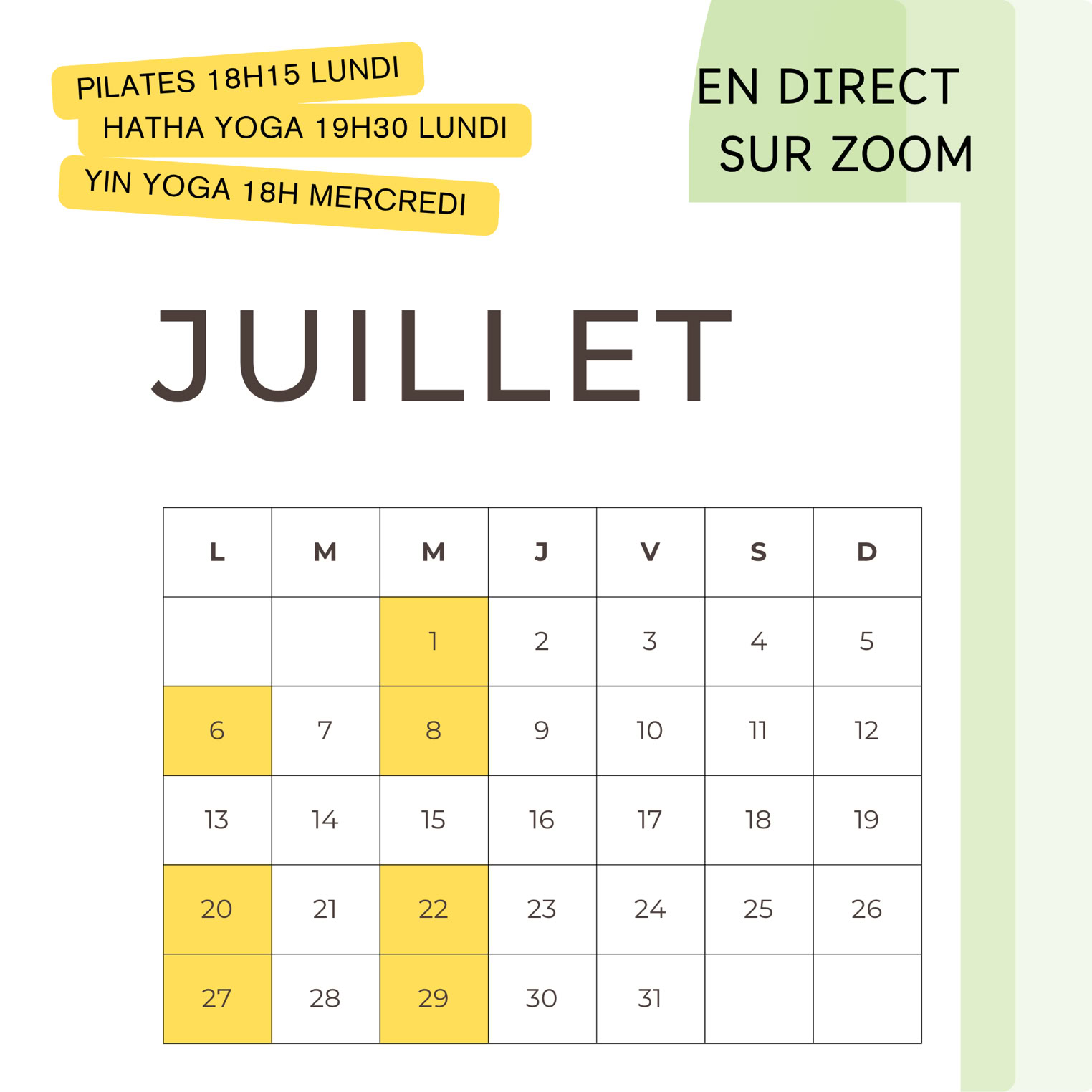 calendrier cours de yoga pilates en direct sur zoom juillet