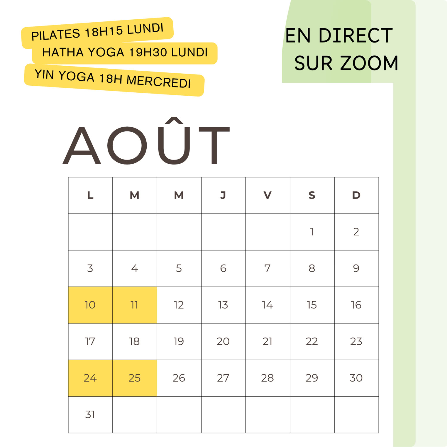 calendrier cours de yoga pilates en direct sur zoom août