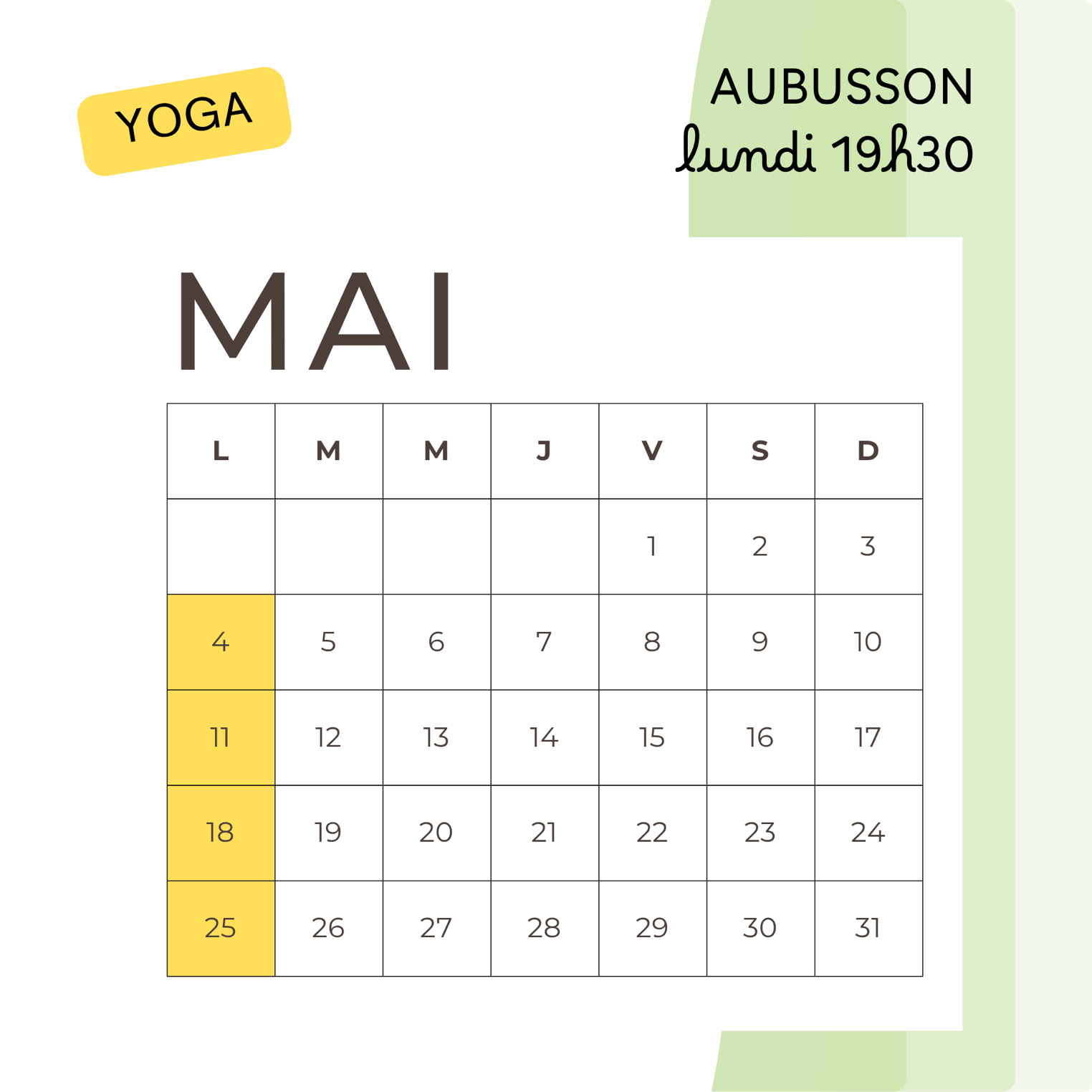 calendrier des cours de yoga en mai à Aubusson