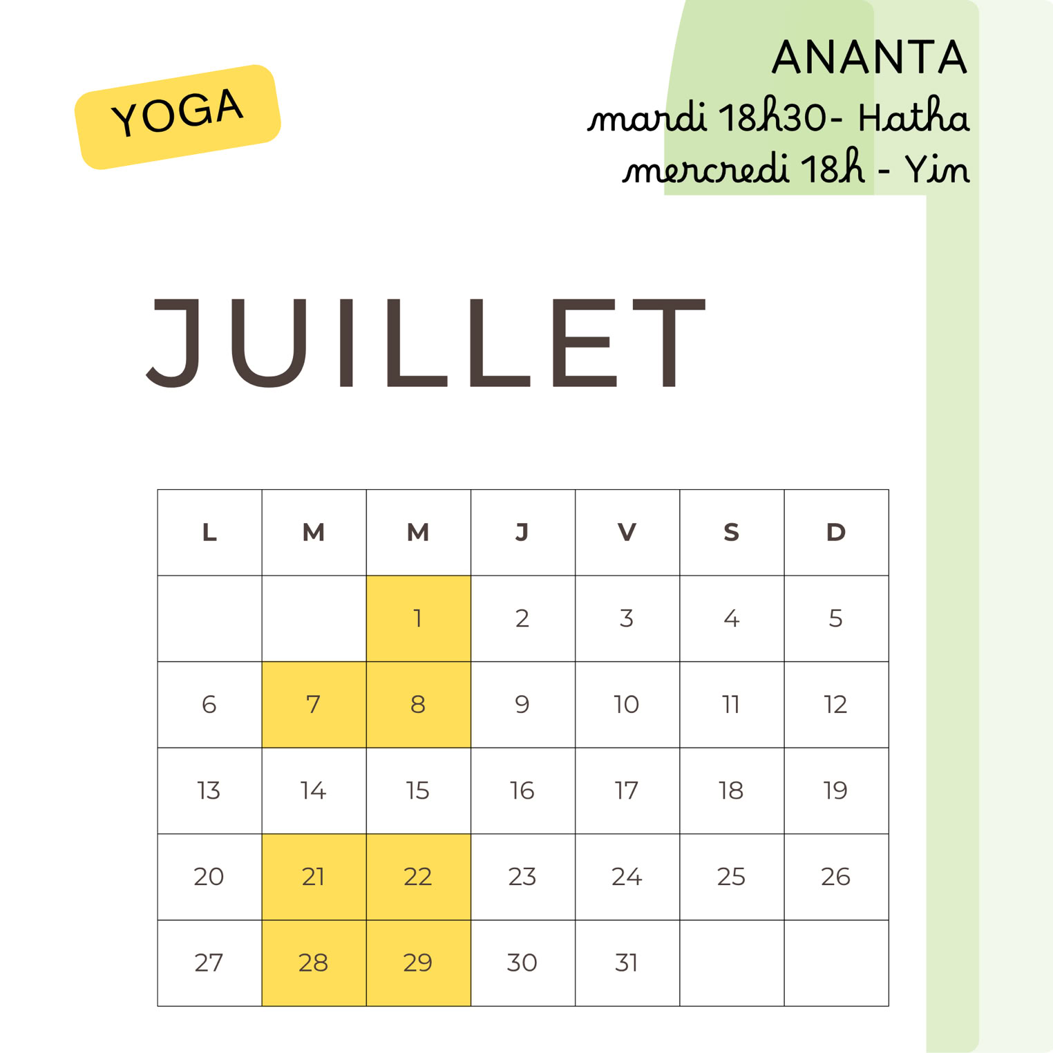 calendrier des cours de yoga en Juillet à Bellegarde