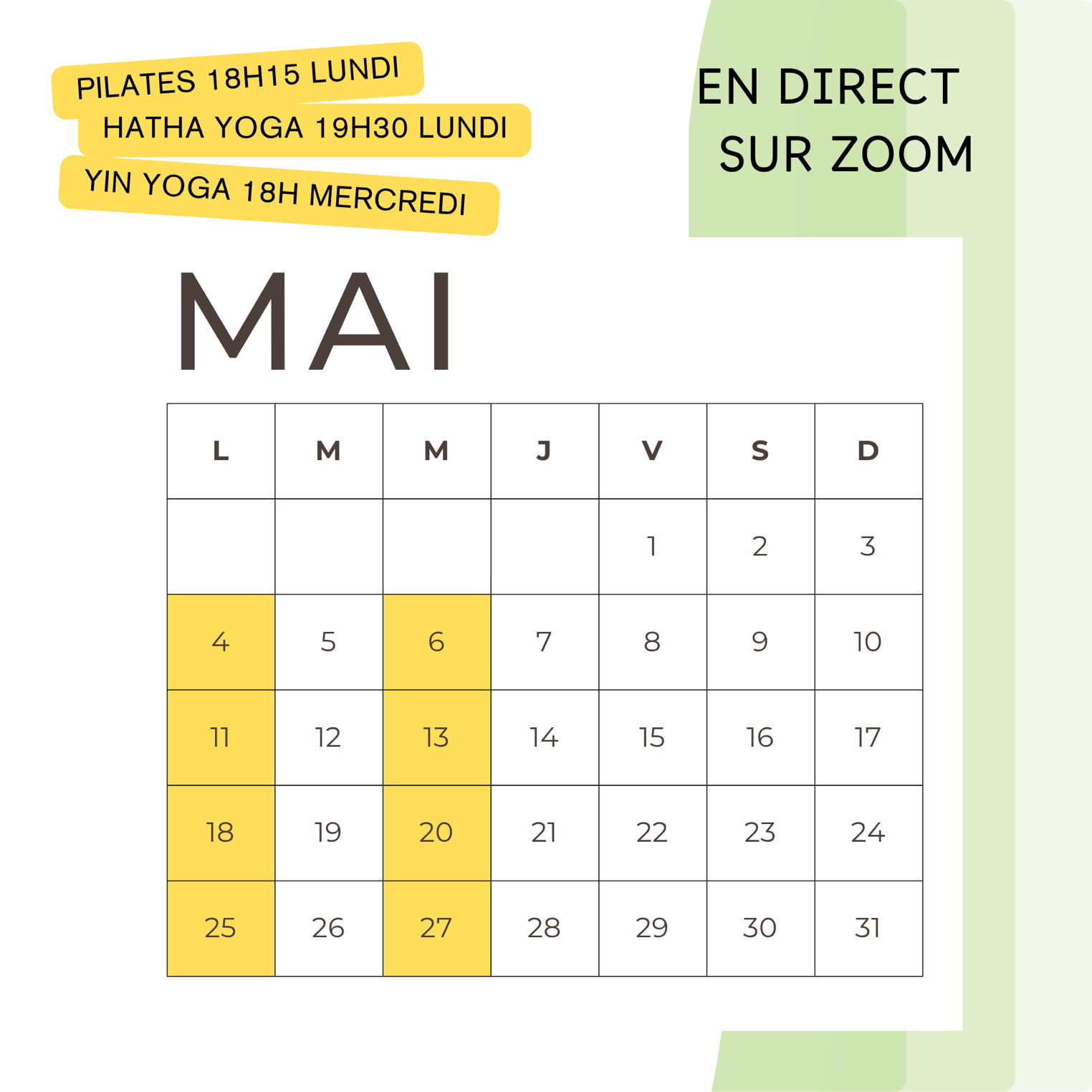 calendrier cours de yoga pilates en direct sur zoom mai 