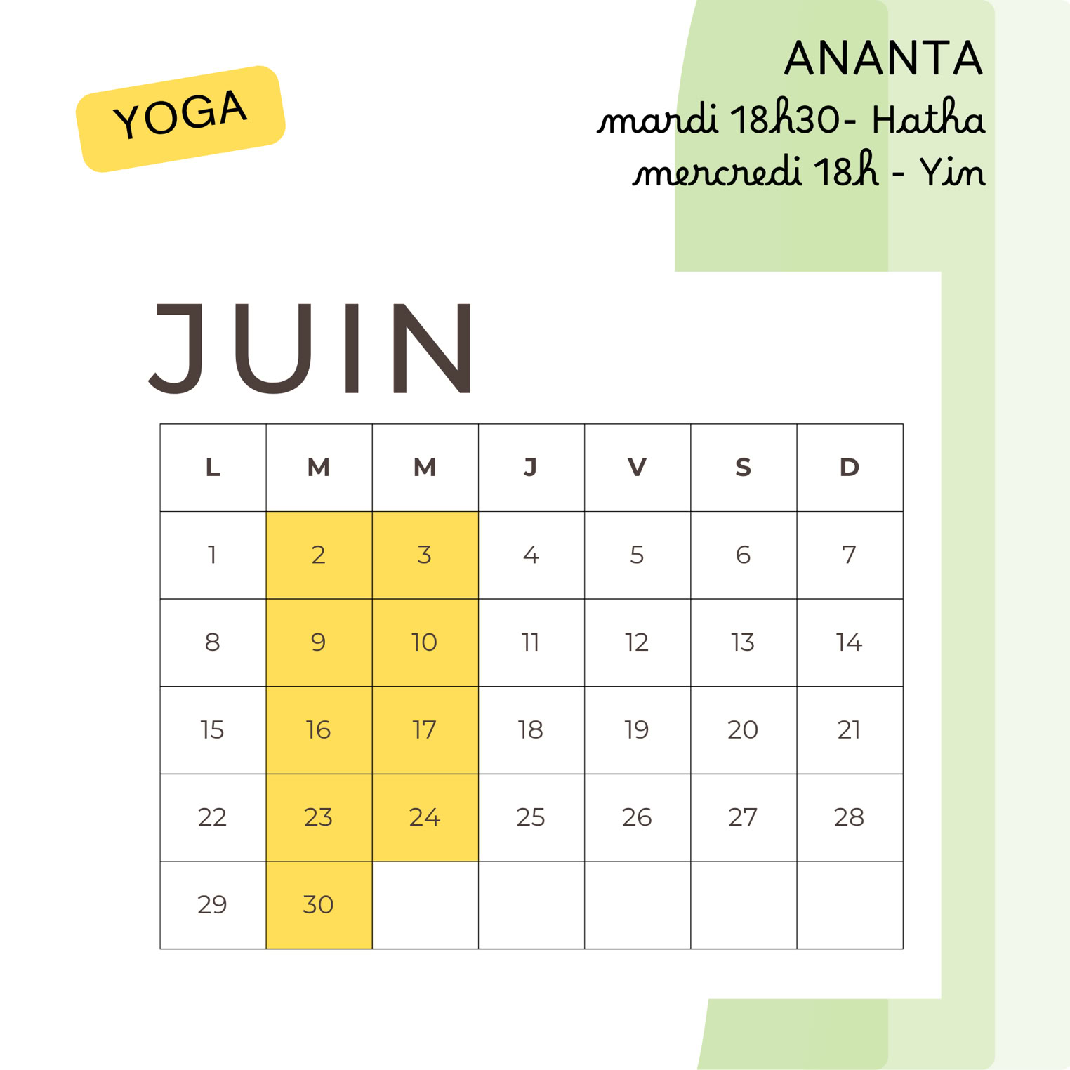 calendrier des cours de yoga en juin à Bellegarde