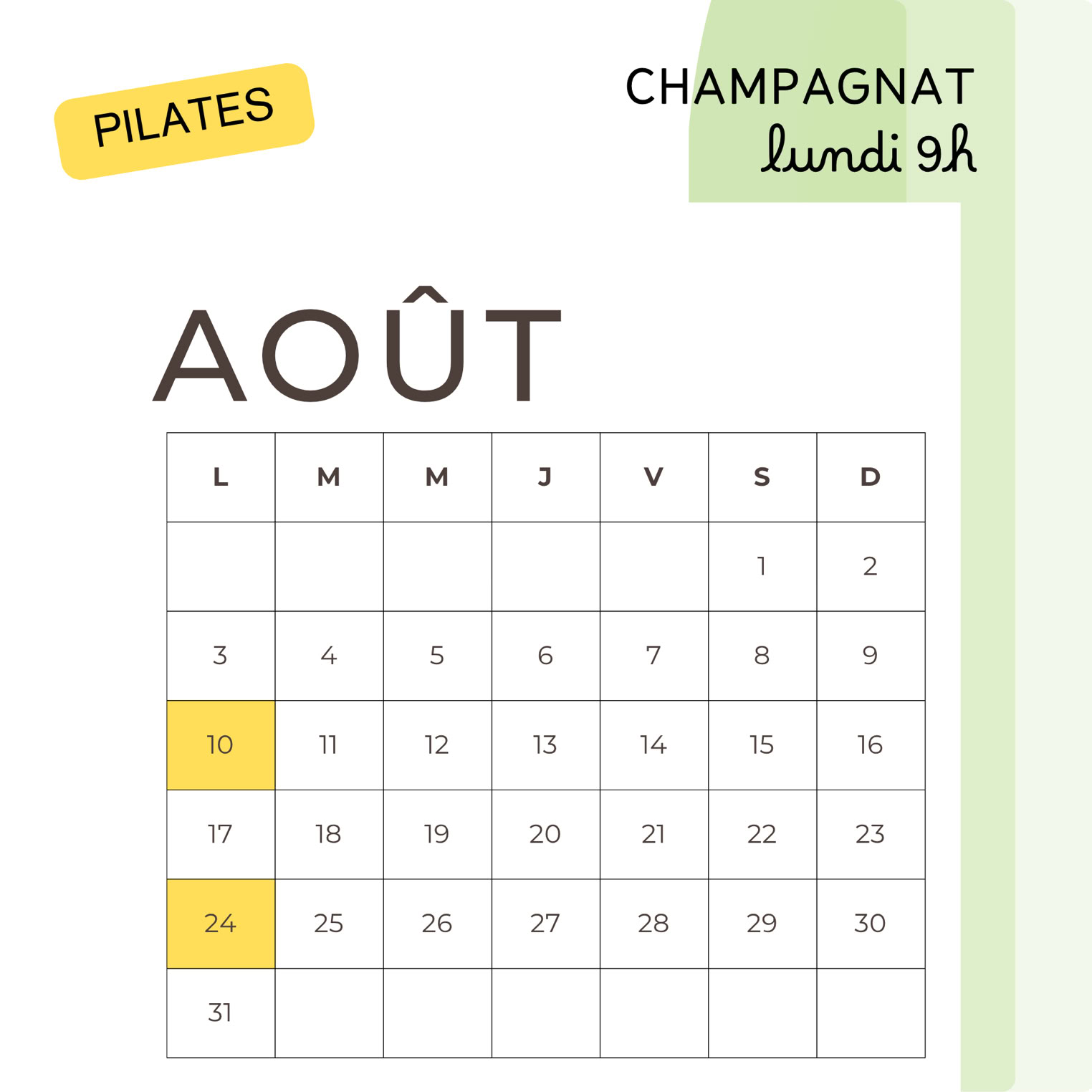 calendrier des cours de pilates en août à Champagnat