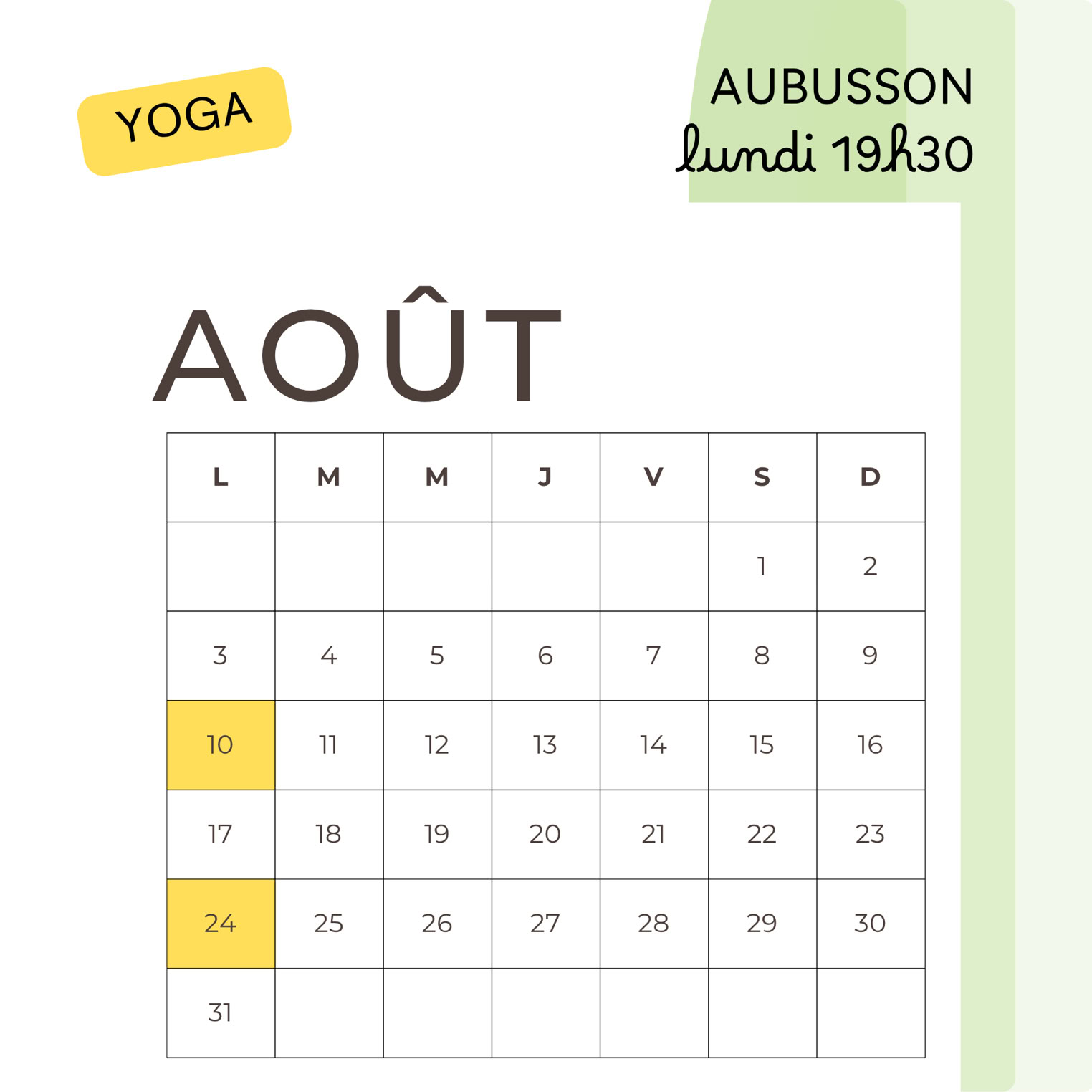 calendrier des cours de yoga en août à Aubusson