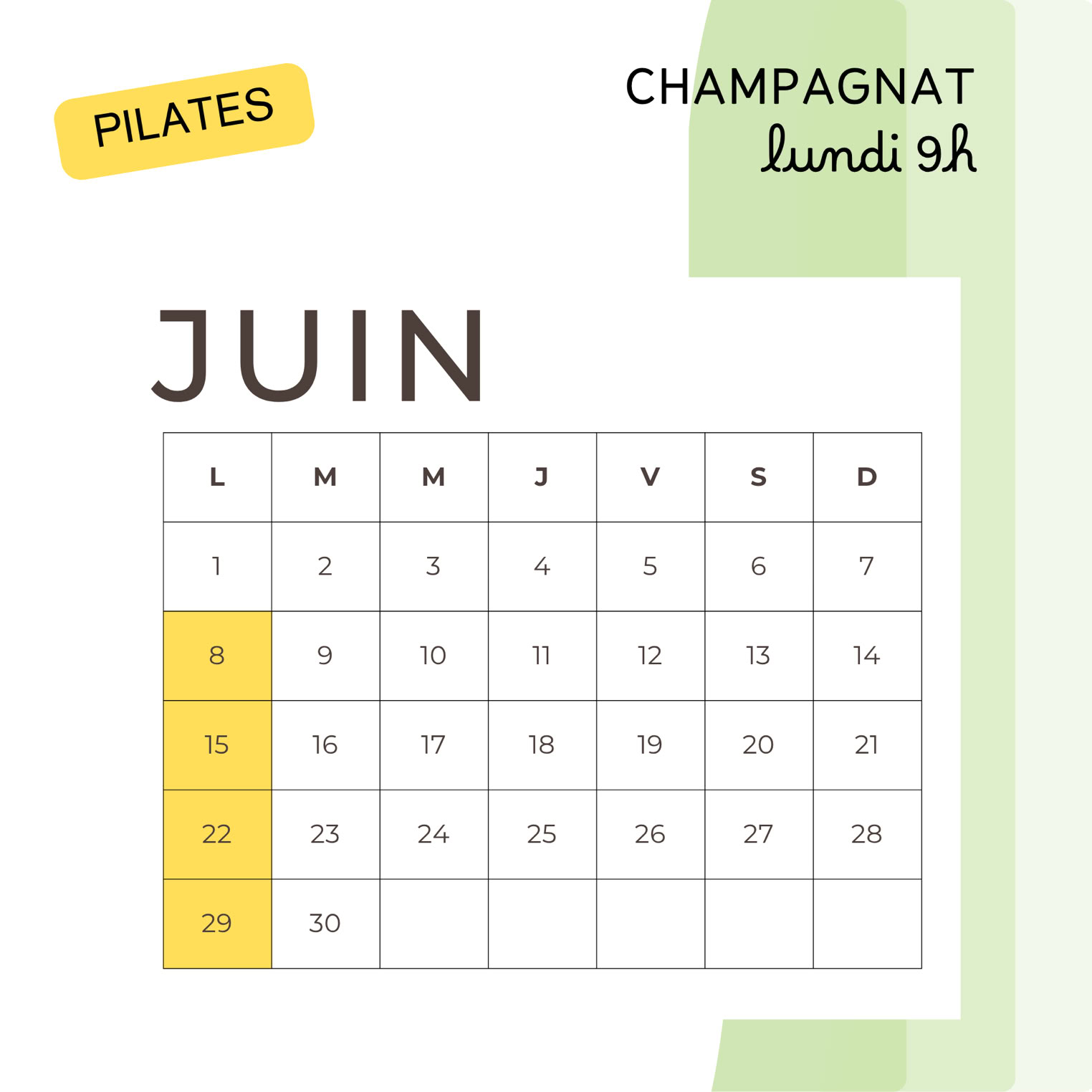 calendrier des cours de pilates en juin à Champagnat