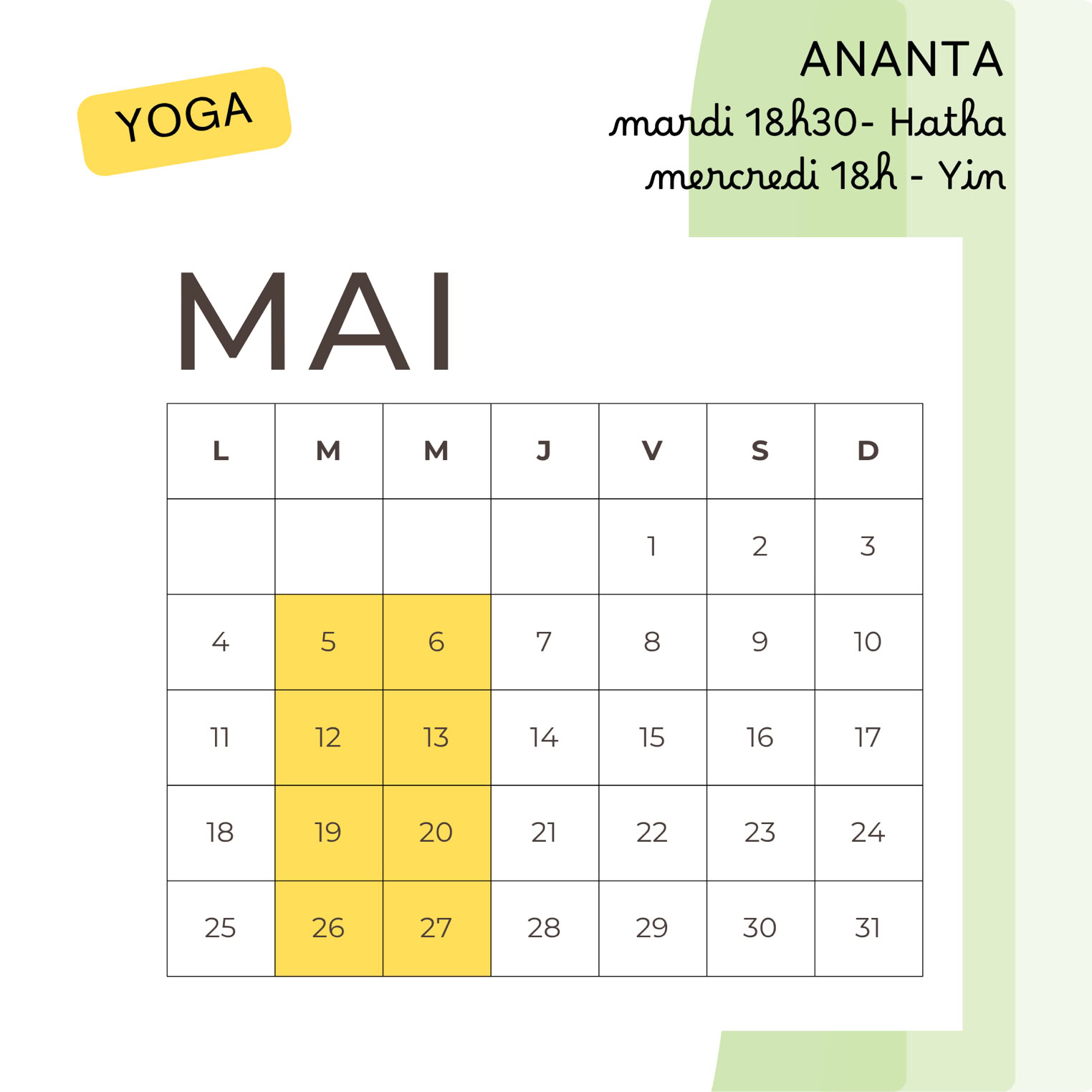 calendrier des cours de yoga en mai à Bellegarde