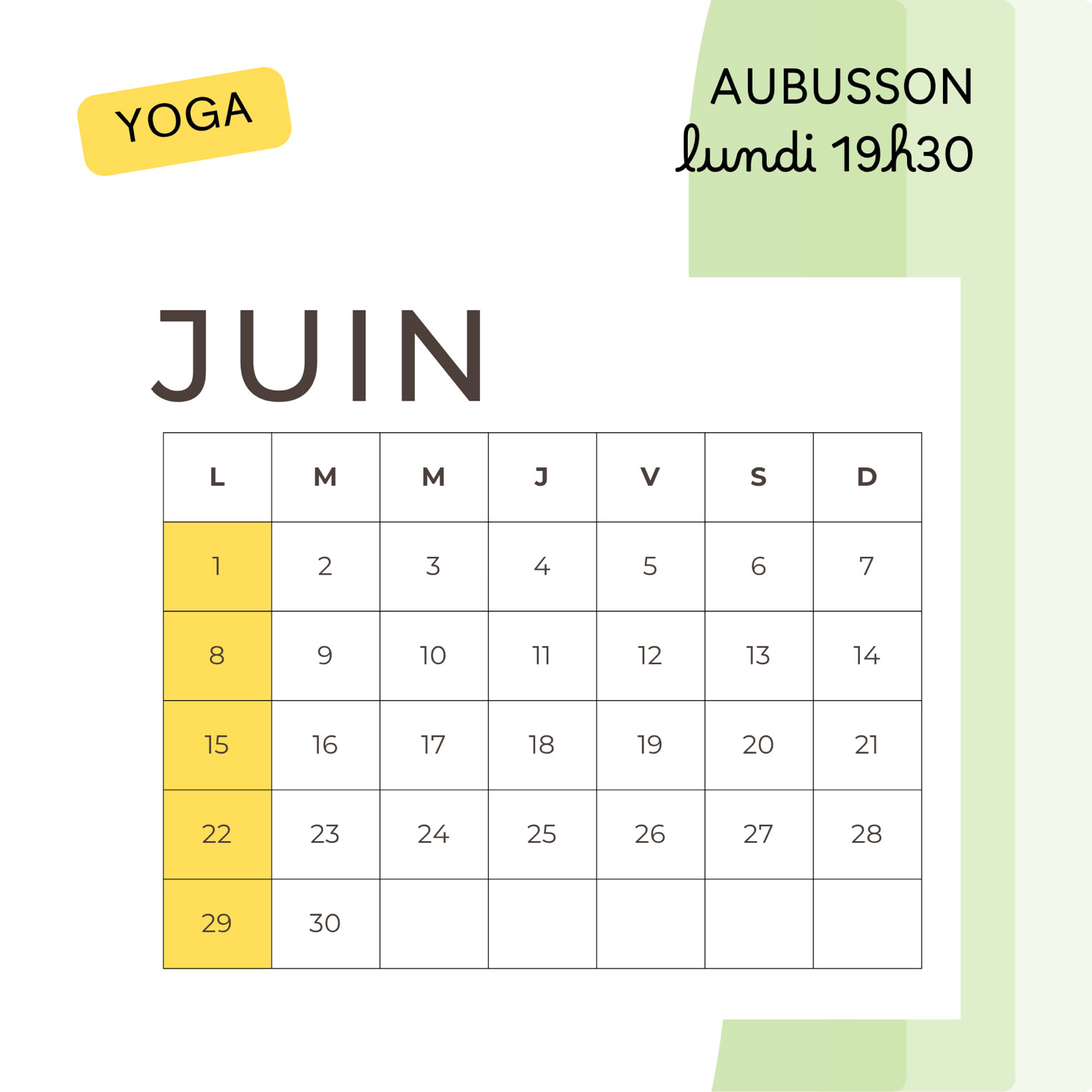calendrier des cours de yoga en juin à Aubusson